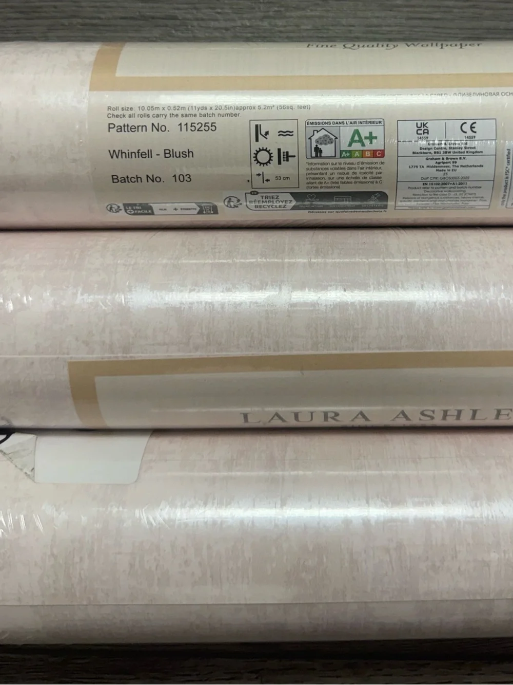 New! 3 rolls Laura Ashley Whinfell Blush Metallic Wallpaper